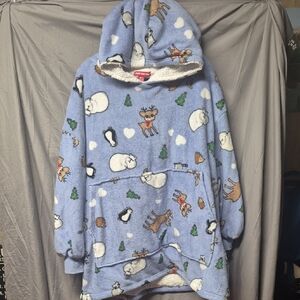 Plush Blue Blanket Hoodie with Animal Print